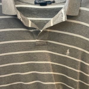 Mens Large Ralph Lauren Gray and White Striped Polo Shirt Short Sleeve